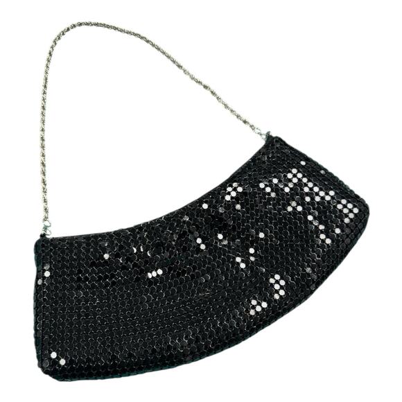 Vintage La Regale Black Metal Sequined Clutch Evening Bag Silver Chain Strap - Picture 2 of 5